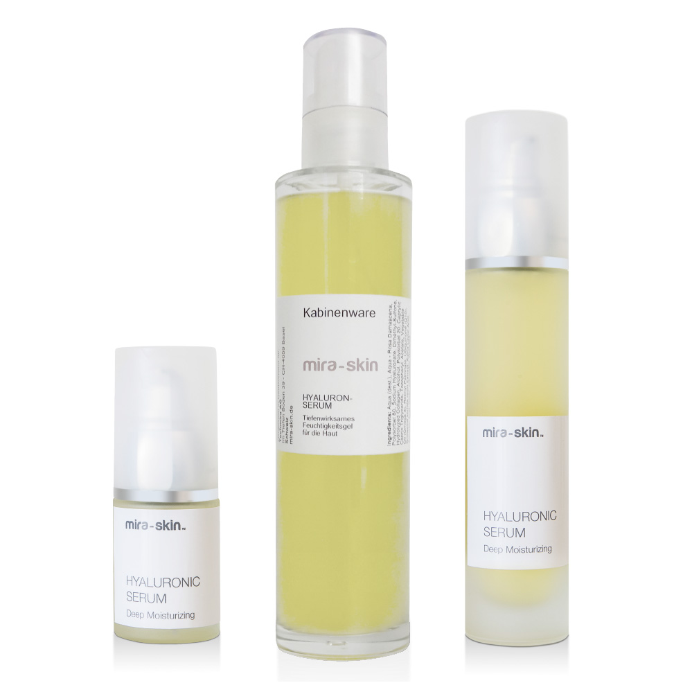 The Mira-Skin Hyaluronic Serum in three product sizes