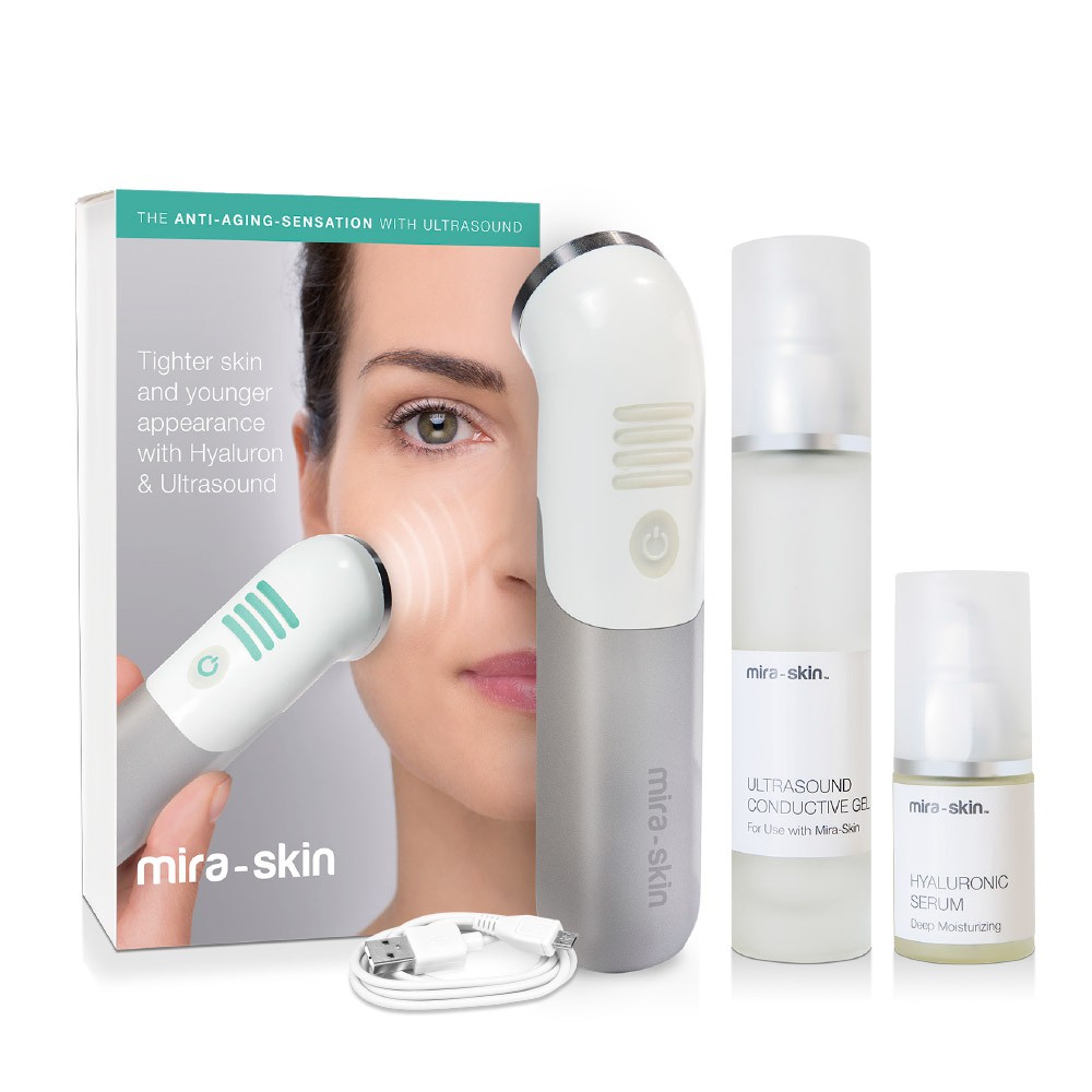 Box Mira-Skin Starter Kit contains the ActiveBooster wand and Ultrasound Conductive Gel plus Hyaluronic Serum
