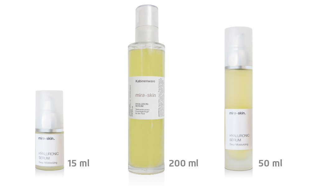 The Mira-Skin Hyaluronic Serum in three product sizes